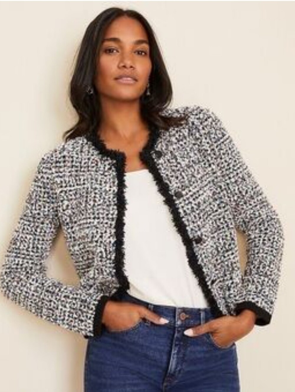Ann Taylor Black and White Bouclé Fringe Jacket